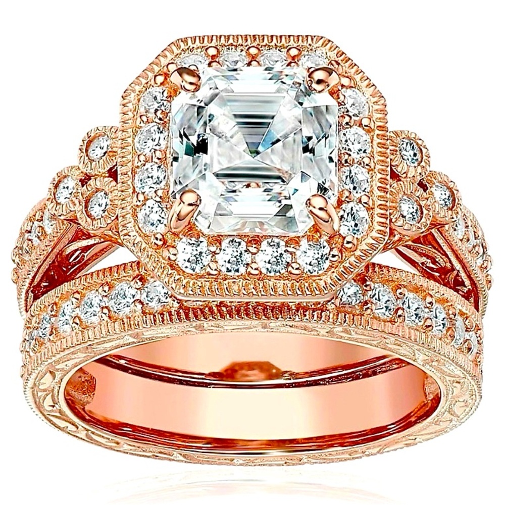 Rose Gold sterling silver Engagement Ring Set with Swarovski Stones Asher Cut
